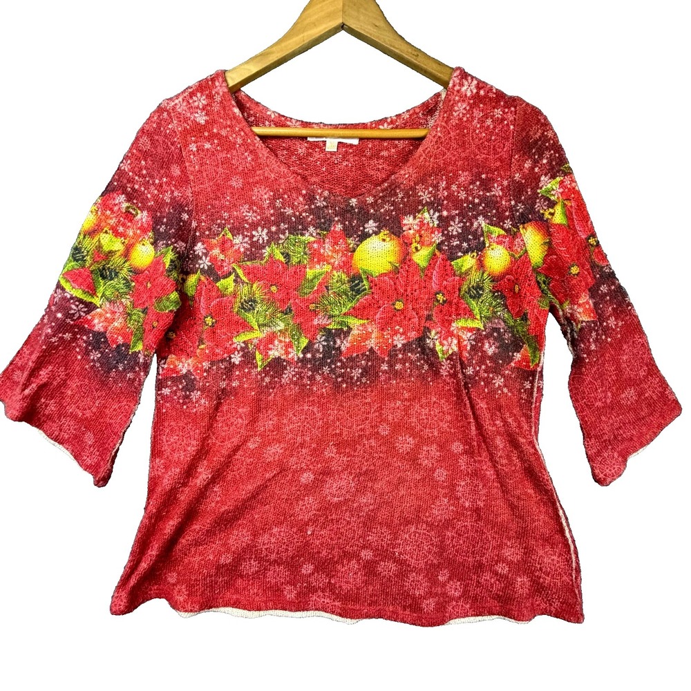 G Collection Sweater Womens Small Red Poinsettia Print Holiday Sparkle Coastal